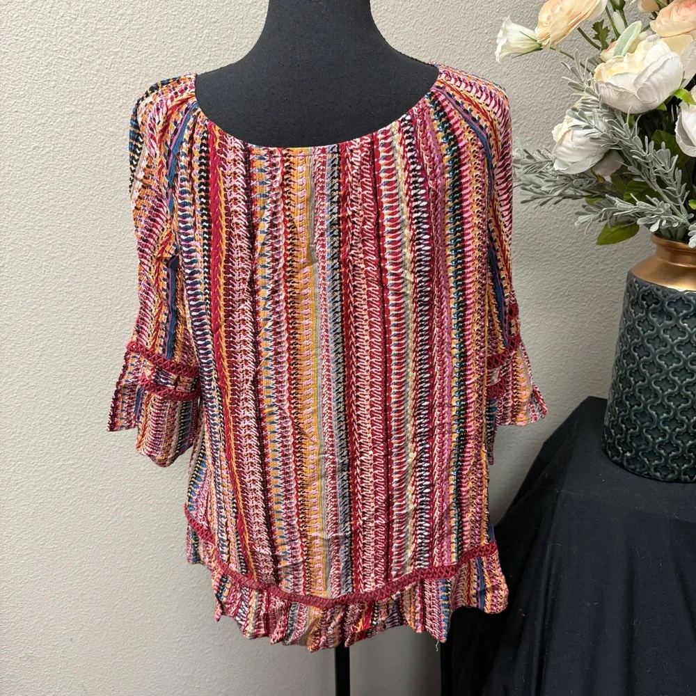 Hannah Boho Ruffle Peasant Blouse Multicolor Stripe Crochet Trim L - Picture 3 of 7